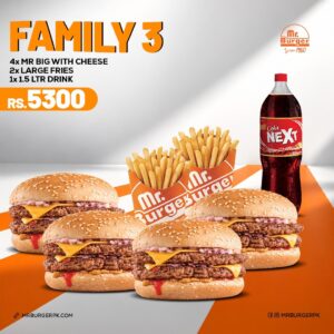 Mr Burger Family 3 deal - 4 Mr Big with Cheese, 2 Large Fries and 1.5 Ltr Drink