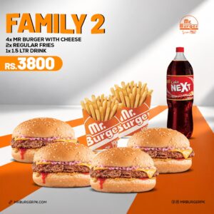 Mr Burger Family 2 deal - 4 Mr Burger with Cheese, 2 Regular Fries and 1.5 Ltr Drink