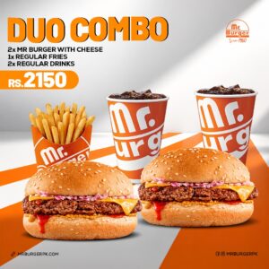 Mr Burger Duo Combo - 2 Mr Burger with Cheese, Regular Fries and 2 Drinks
