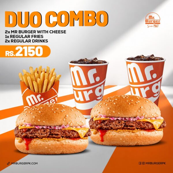 Mr Burger Duo Combo - 2 Mr Burger with Cheese, Regular Fries and 2 Drinks
